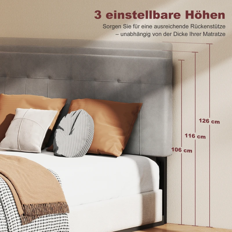 HOMCOM Hoofdeinde 3-traps hoogteverstelbaar met metalen poten fluweel-look voor slaapkamer 140x10x106/116/126 cm Grijs