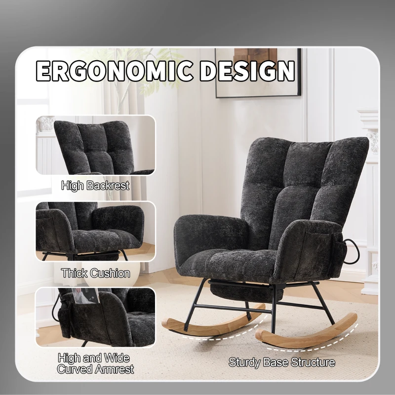 Fauteuil à bascule pour chambre d'enfant, coussin gonflable réglable, poche latérale intégrée & repose-pieds, 64x91x85 cm, Noir