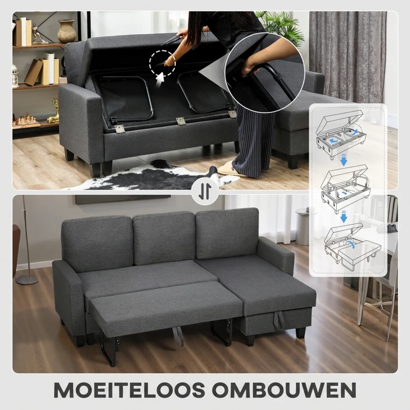 HOMCOM Hoekbank met slaapfunctie en opbergruimte, L-vormige slaapbank met chaise longue en verstelbare rugleuning voor de woonkamer