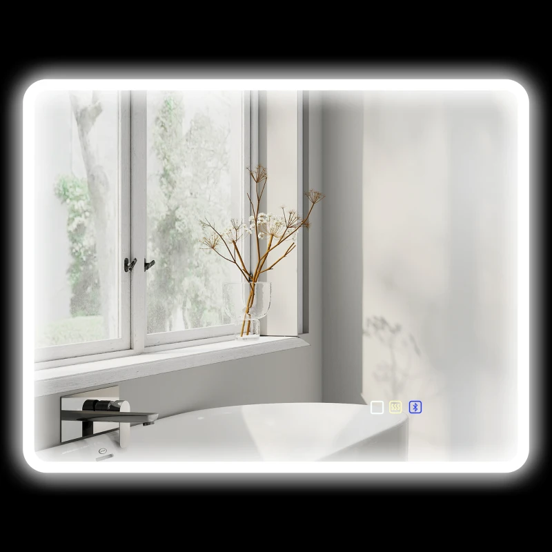 HOMCOM LED-badkamerspiegel met Bluetooth 70 x 90 cm, aanraakschakelaar, verstelbaar licht, 3 kleuren, anti-condens, geheugen, zilver