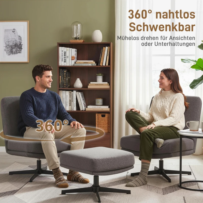 HOMCOM Fauteuil met hocker Draaibare loungestoel in linnenlook voor woonkamer Donkergrijs