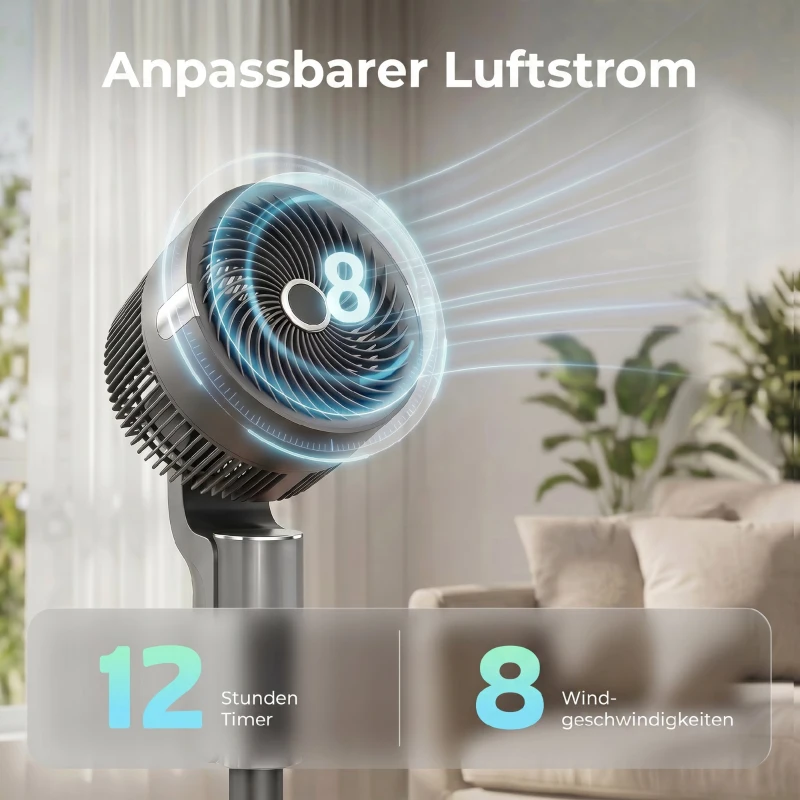 HOMCOM Staande ventilator luchtcirculator ventilator met 8 snelheidsstanden LED-display afstandsbediening timer 90° oscillatie Grijs