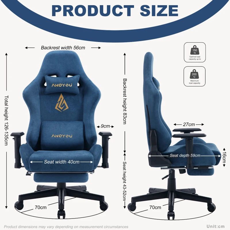 Sedia da gaming con poggiapiedi, in similpelle scamosciata traspirante, regolabile in altezza con pistone a gas, girevole, 70x70x135 cm, Blu