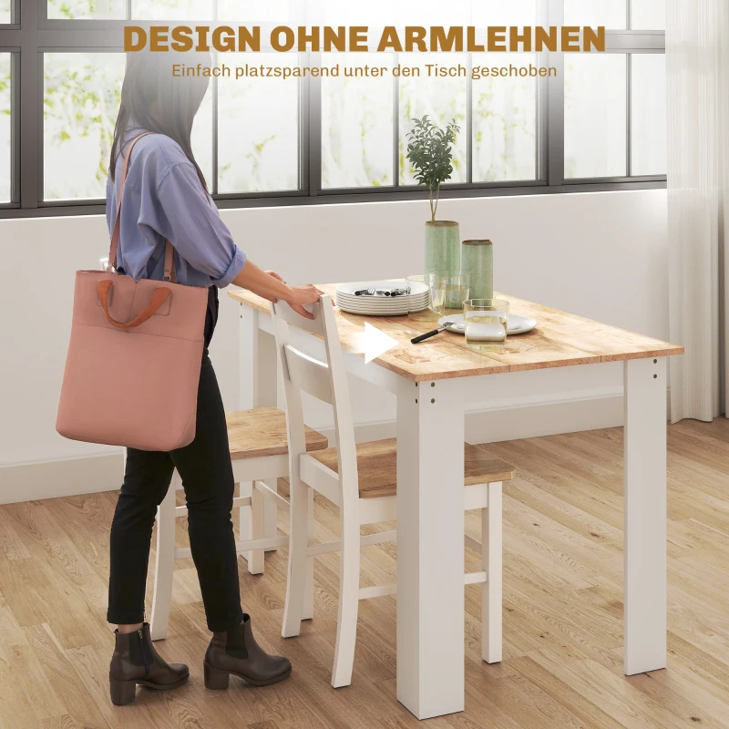 HOMCOM Set van 2 Keukenstoelen, Rubberhout, Gebogen Lattenrugleuning, Wit