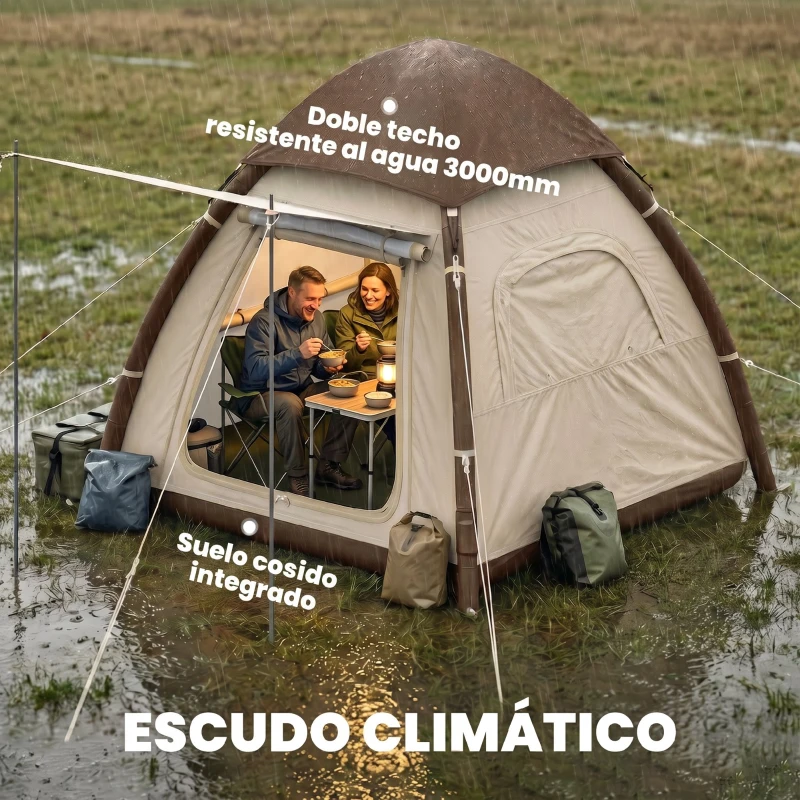 Outsunny Tienda de Campaña Inflable con Mosquitera Vestíbulo Bomba para 3–4 Personas UPF30+ Bolsa Montaje Rápido Impermeable