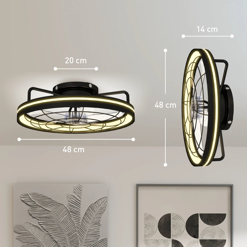 HOMCOM Plafondventilator met licht en afstandsbediening, 48 cm LED-plafondventilator met 3 kleurtemperaturen, 6 snelheden, timer, zwart