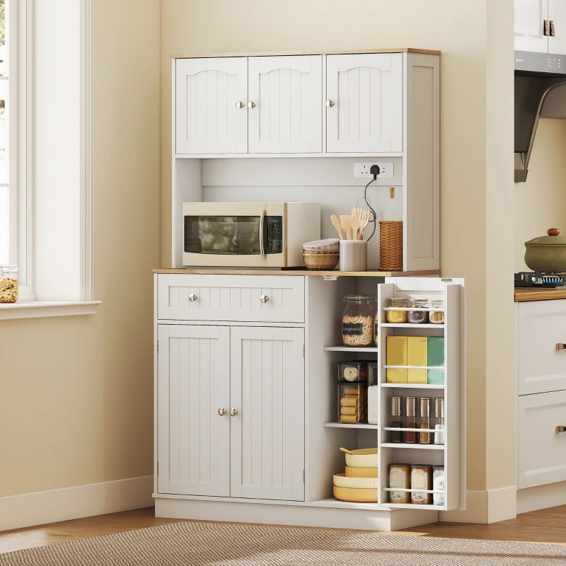 HOMCOM 173 cm Tall Kitchen Cupboard with Charging Station, Pantry Storage Cabinet with Adjustable Shelves and 5 Door Racks