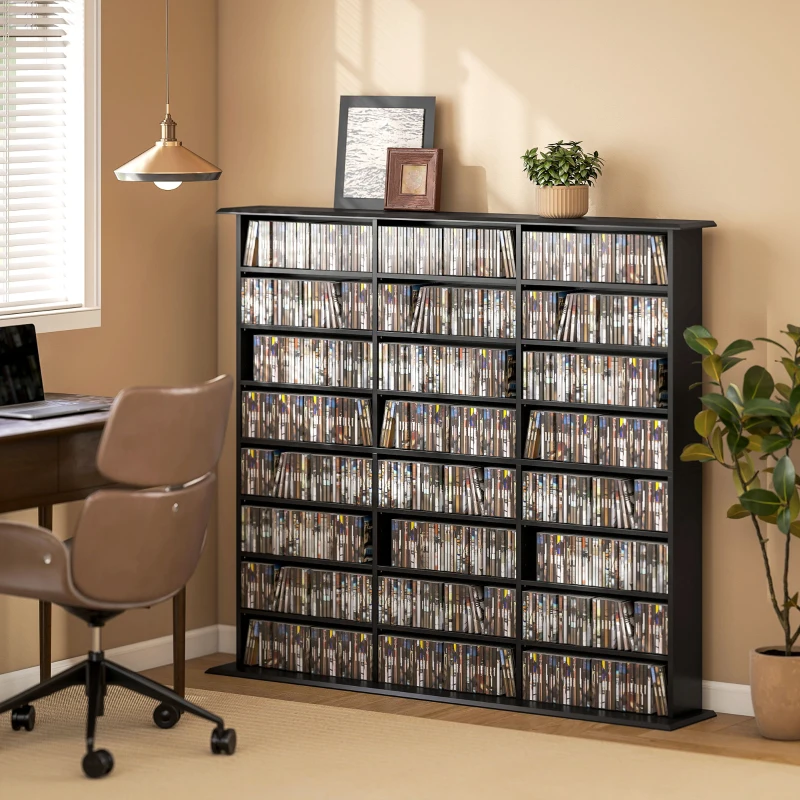 HOMCOM Mobile Porta CD a 8 Livelli con 18 Ripiani Regolabili, 1032 CD/594 DVD/Blu-ray Salvaspazio, con 24 Scomparti, 145x24x126.3 cm, Nero