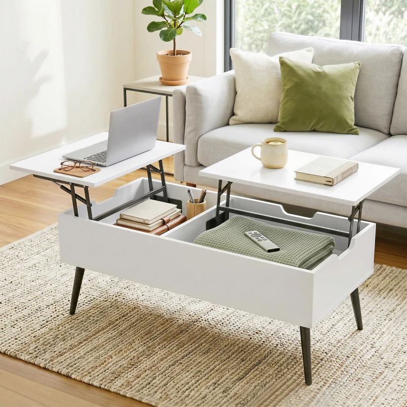 HOMCOM Couchtisch Höhenverstellbar Wohnzimmertisch mit Verstecktem Stauraum für Wohnzimmer, 50 x 100 cm, Weiß