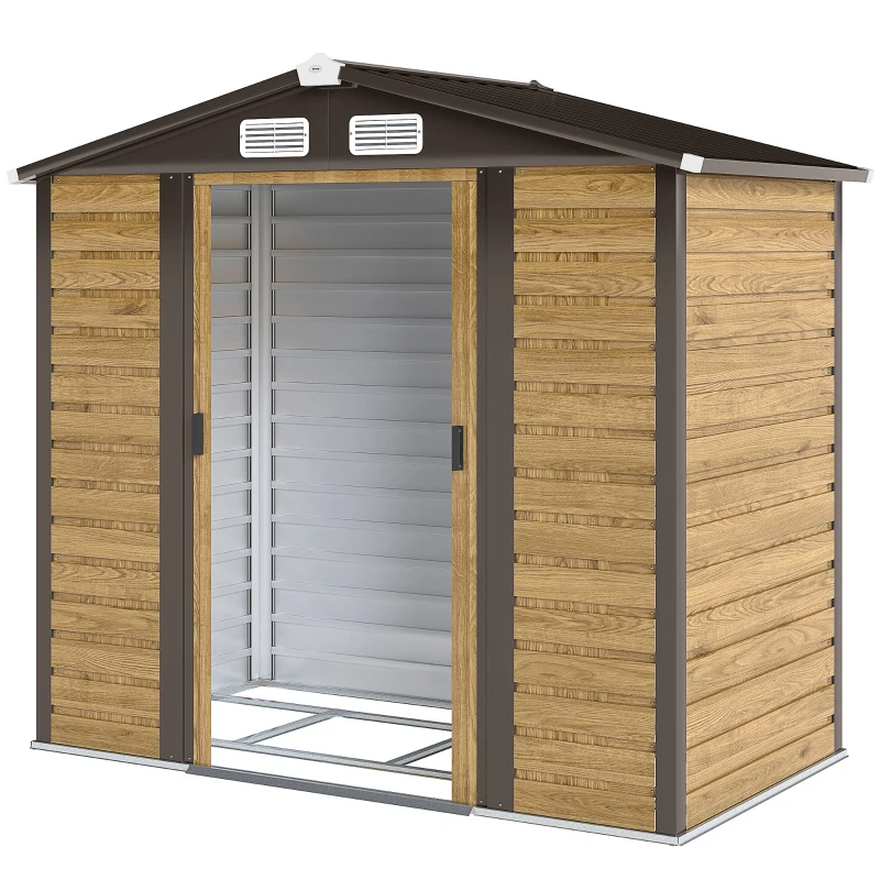 Outsunny 7 x 4ft Garden Shed, Easy to Assemble, Upgraded Galvanised Steel Frame with Foundation Kit, Double Doors with Lock, Outdoor Metal Shed with Vents and Gloves, Garden Storage Shed, Natural
