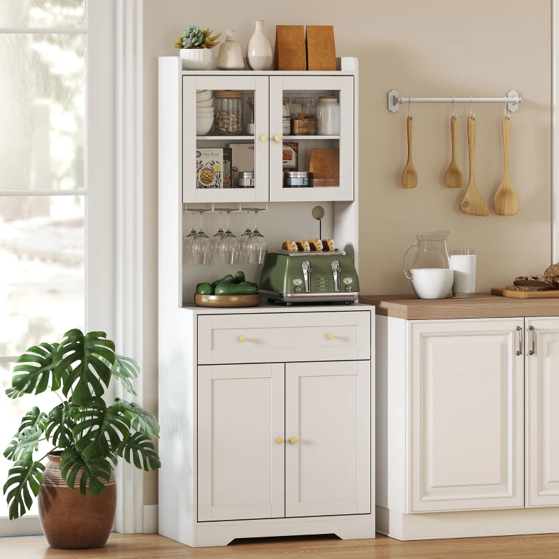 HOMCOM Keukenkast met werkblad, wijnglashouder, voorraadkast voor keuken, eetkamer, 170 cm, MDF, glas, wit(m-2)