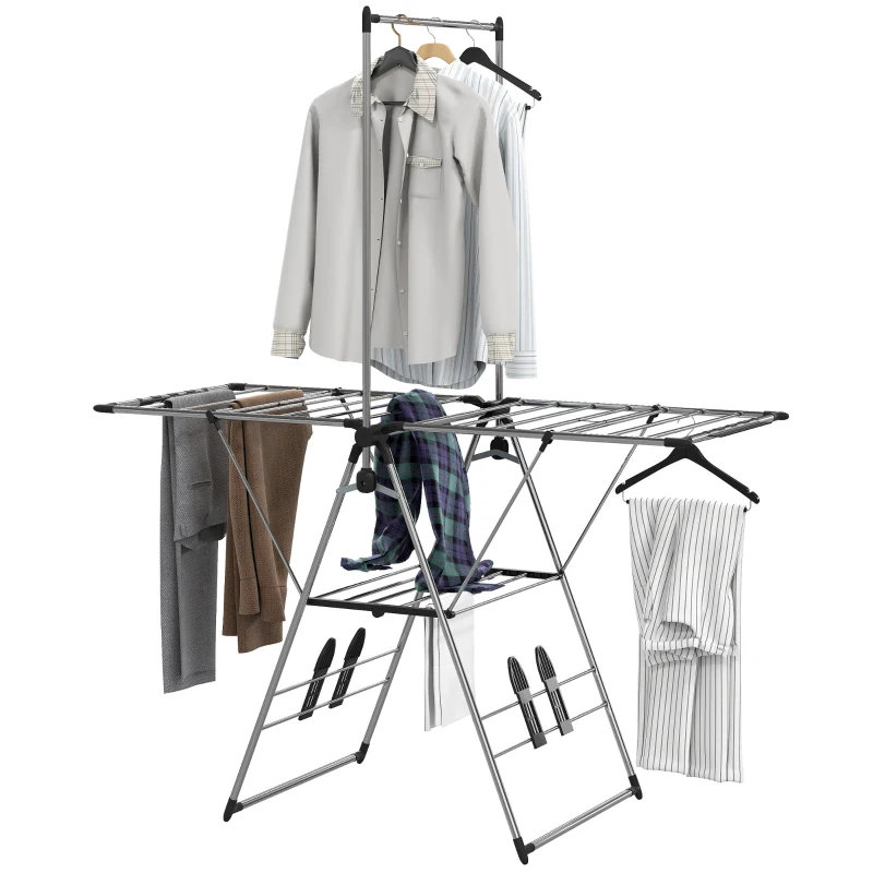 HOMCOM Vouwbaar wasrek staand droogrek met verstelbare vleugels, schoenhouders, RVS, 156,5 x 68 x 192 cm, Zilver