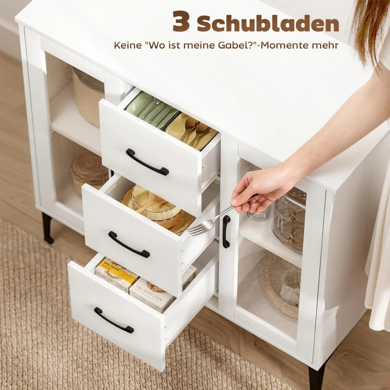 HOMCOM Modern sideboard met soft-close deuren, buffetkast met 3 lades, 2 glazen deuren, verstelbare planken, MDF, wit