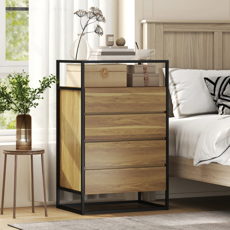 HOMCOM Cómoda Dormitorio con 4 Cajones Superficie de Vidrio Templado Estante Abierto Estructura de Acero 60x40x94,5 cm Teca