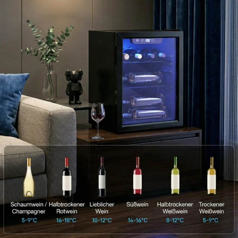 HOMCOM Wijnkoeler voor 16 flessen, 48 L capaciteit, 4–16°C, Onderbouw koelkast voor drankjes en bier, met glazen deur, LED-verlichting