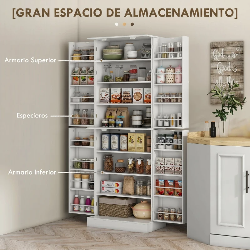 HOMCOM Armario Despensa de Cocina con 4 Puertas con Estantes Estantes Ajustables para Sala de Estar Comedor Blanco