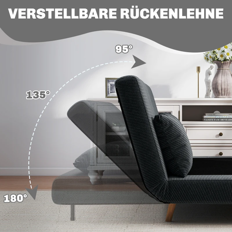 HOMCOM Slaapbank, logeerbed, 3-voudig verstelbare rugleuning, corduroy-look, tot 120 kg, 141 x 90 x 81 cm, Donkergrijs
