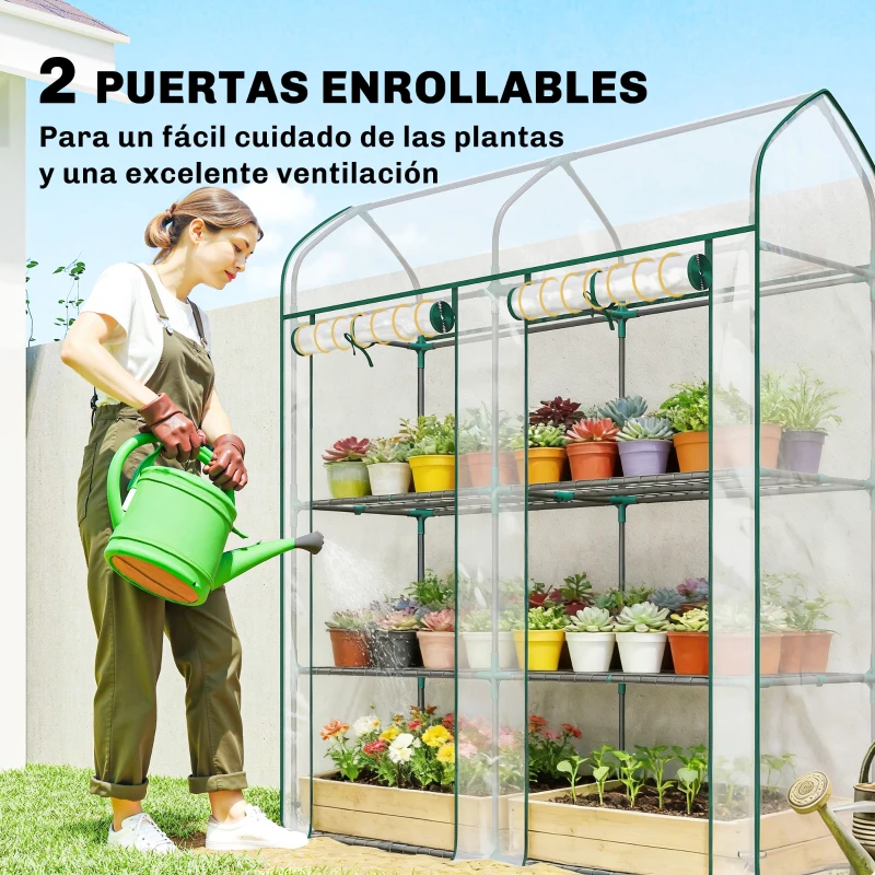 Outsunny Invernadero Pequeño de 3 Niveles 2 Puertas Enrollables Marco de Acero Cubierta de Plástico 143x46x165 cm Transparente