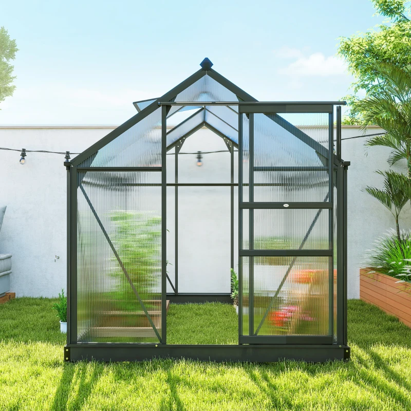Outsunny Gewächshaus Aluminium 3,65m² 190x192x201cm mit Fundament Dachfenster Schiebetür 4 mm Platten, UV-beständig