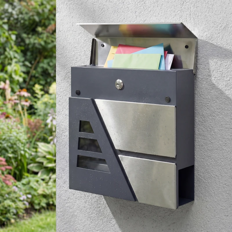HOMCOM Buzón Exterior de Acero Inoxidable 13 L Buzón de Pared Correo con Cerradura y 2 Llaves Soporte Periódicos Gris Oscuro