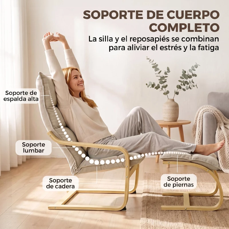 HOMCOM Sillón con Reposapiés Tapizado en Lino con Balanceo Suave Respaldo Alto Brazos y Patas de Madera Beige