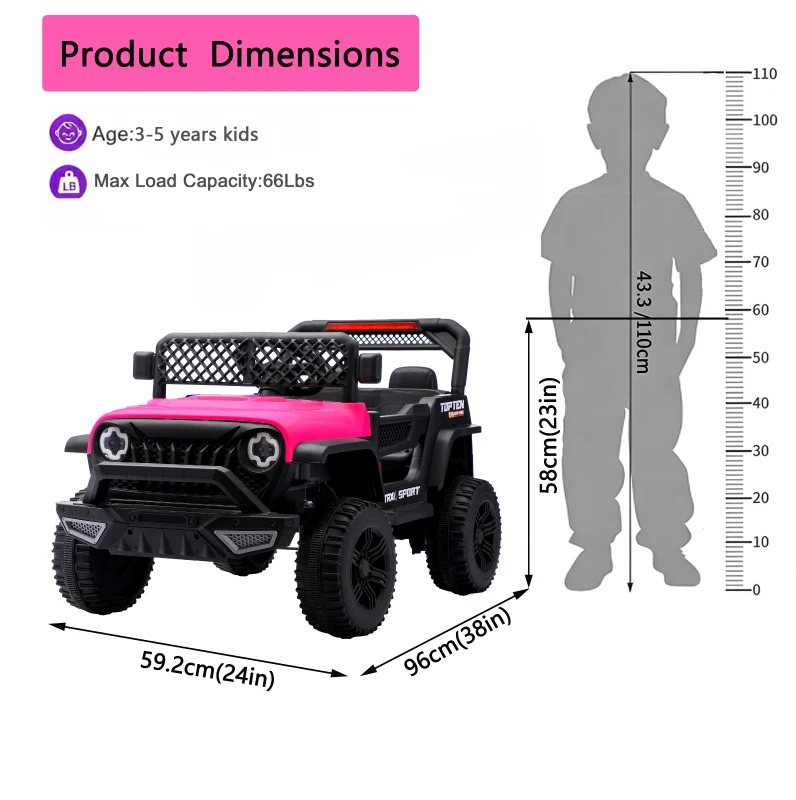 12V Auto elettrica per bambini, telecomando parentale e modalità di guida manuale, 96x59,2x58 cm, Rosa