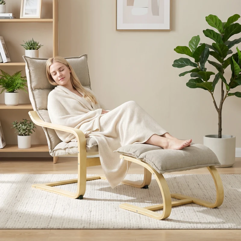 HOMCOM Sillón con Reposapiés Tapizado en Lino con Balanceo Suave Respaldo Alto Brazos y Patas de Madera Beige