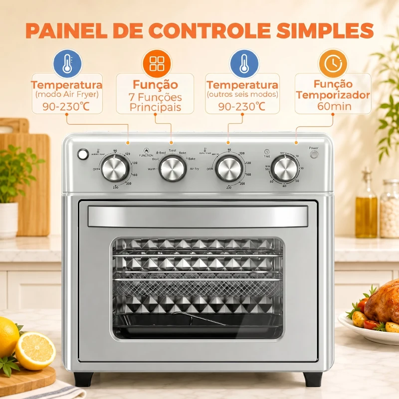 HOMCOM Forno Elétrico de Bancada 30 L 1600 W com Air Fryer, 7 Funções e Temporizador, 43x39x39 cm, Prateado