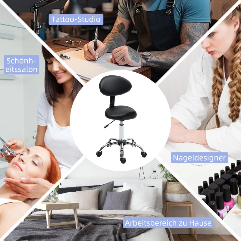 HOMCOM Rollhocker met hoogteverstelbare zitting 51-67 cm en rugleuning, voor massagestudio, tattoo, kliniek, spa, zwart