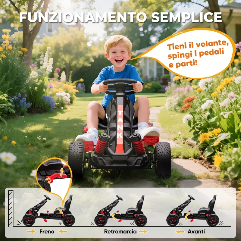 AIYAPLAY Go Kart a Pedali per Bambini 3-6 Anni, 50 kg Portata, con Portabicchieri e Ruote in EVA Antiscivolo, Rosso
