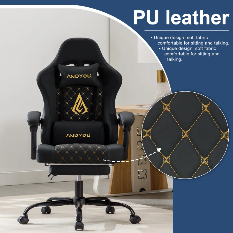 Sedia da gaming con poggiapiedi, morbido cuscino per collo e lombare, cuscini di supporto rimovibili, 60x60x122 cm, Nero