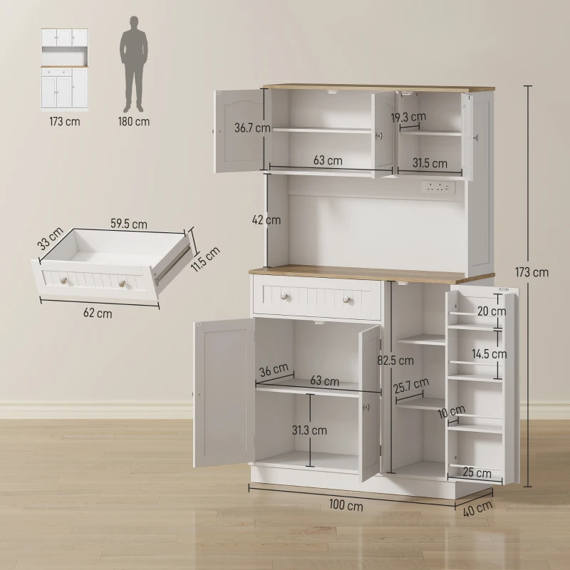 HOMCOM 173 cm Tall Kitchen Cupboard with Charging Station, Pantry Storage Cabinet with Adjustable Shelves and 5 Door Racks