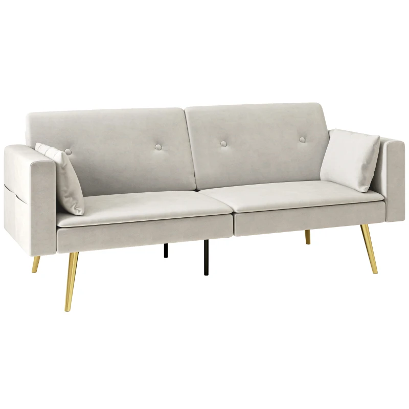 HOMCOM Tweezits Bedbank, Verstelbare Rugleuning, Zachte Kussens, Fluweelachtige Bekleding, voor Woonkamer, Gastenkamer, Beige
