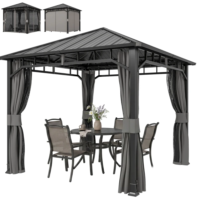 Outsunny 3 x 3(m) Hardtop Gazebo with Galvanised Steel Roof, Waterproof Permanent Pavilion Garden Gazebo with Netting and Curtains for Patio, Deck