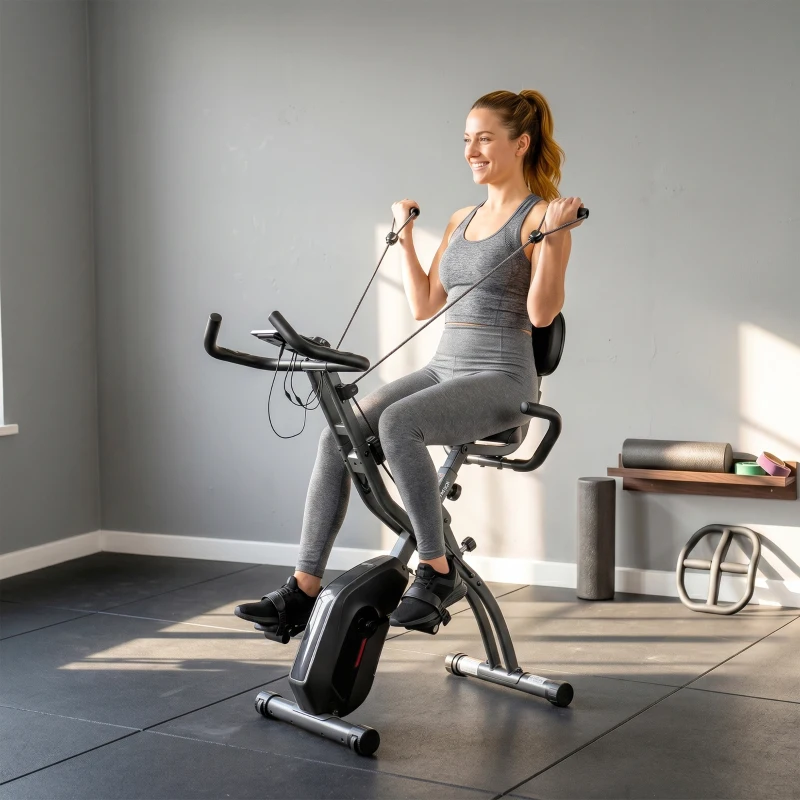 SPORTNOW 3-in-1 Opvouwbare Hometrainer Fiets Stil Lig-ergometer met LCD Monitor Bluetooth Hartslagmeter Weerstandsband