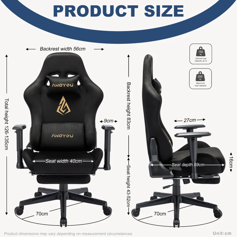 Sedia da gaming con poggiapiedi, in similpelle scamosciata traspirante, regolabile in altezza con pistone a gas, girevole, 70x70x135 cm, Nero