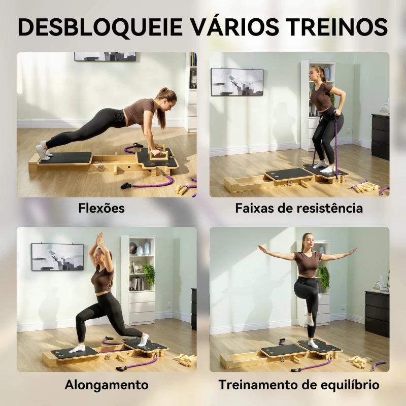 SPORTNOW Mini Reformer Pilates com Bandas de Resistência Pegas Roda Abdominal para Treino de Corpo Completo 165x80x10 cm Madeira
