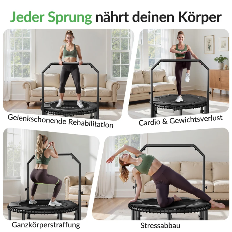 Trampolino Rebounder per Adulti, pieghevole, corrimano regolabile, appoggiapiedi antiscivolo, 102x102x106 cm, Nero