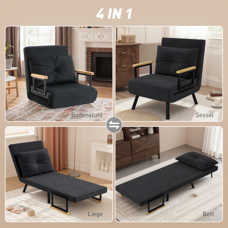 HOMCOM Relaxfauteuil in Scandinavisch design, ligfauteuil, leesfauteuil. incl. kussen met knoophechting, Zwart
