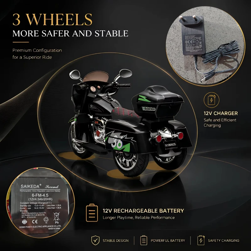 Moto elettrica 12V per bambini, ampio vano portaoggetti e sedile morbido in PU, 110x48x68 cm, Nero