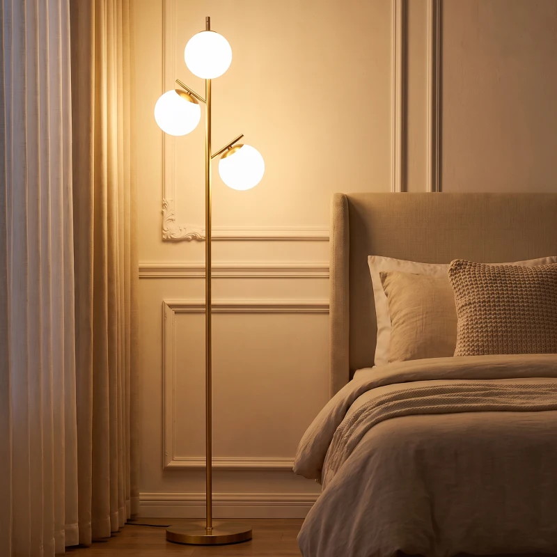 HOMCOM 3-Light Tree Floor Lamps for Living Room, Modern Standing Lamp for Bedroom with Globe Lampshade, Steel Base, Bulb not Included, Gold Tone