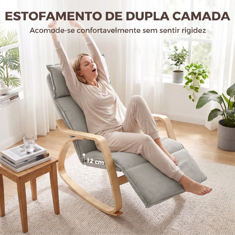 HOMCOM Cadeirão de Baloiço com Apoio para os Pés Ajustável 5 Posições Apoios de Braços em Madeira Acolchoamento Duplo Cinza Claro