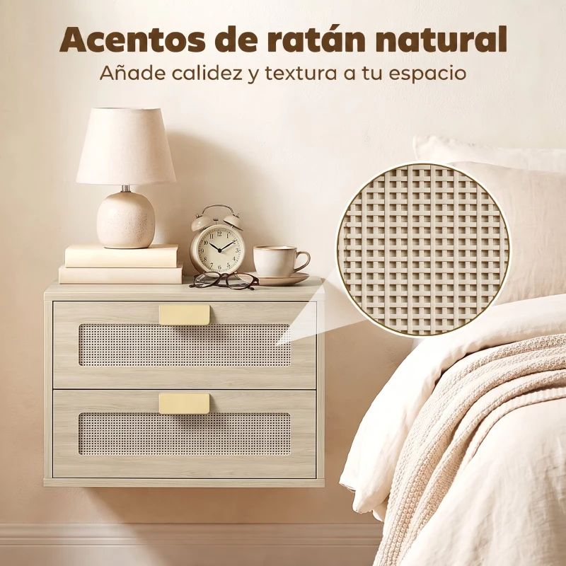 HOMCOM Juego de 2 Mesitas de Noche Flotantes con 2 Cajones con Frente de Ratán Natural para Dormitorio 40x30x27,6 cm Roble