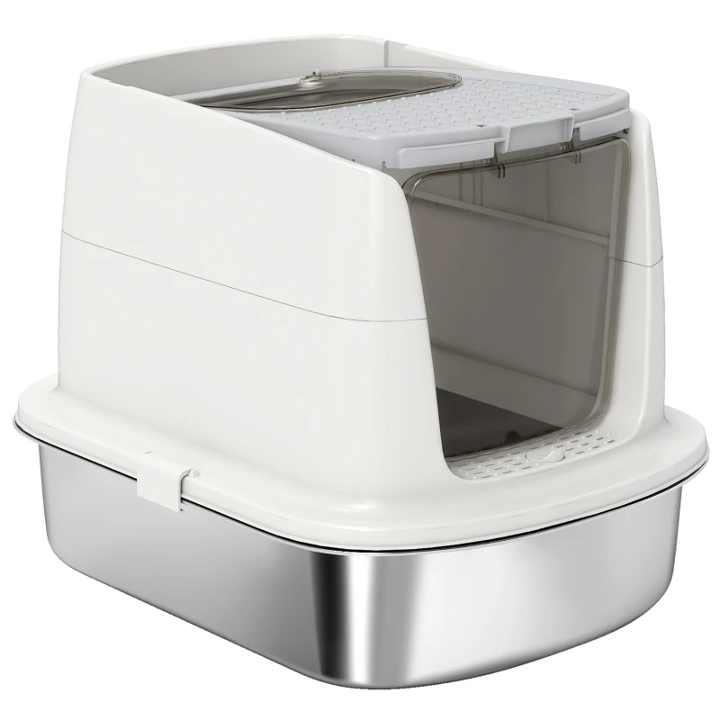 PawHut Bac à Litière Fermé en Inox, Couvercle Amovible, Entrée Frontale et Sortie Supérieure, Pelle, 52,4x41,3x39,8cm, Blanc