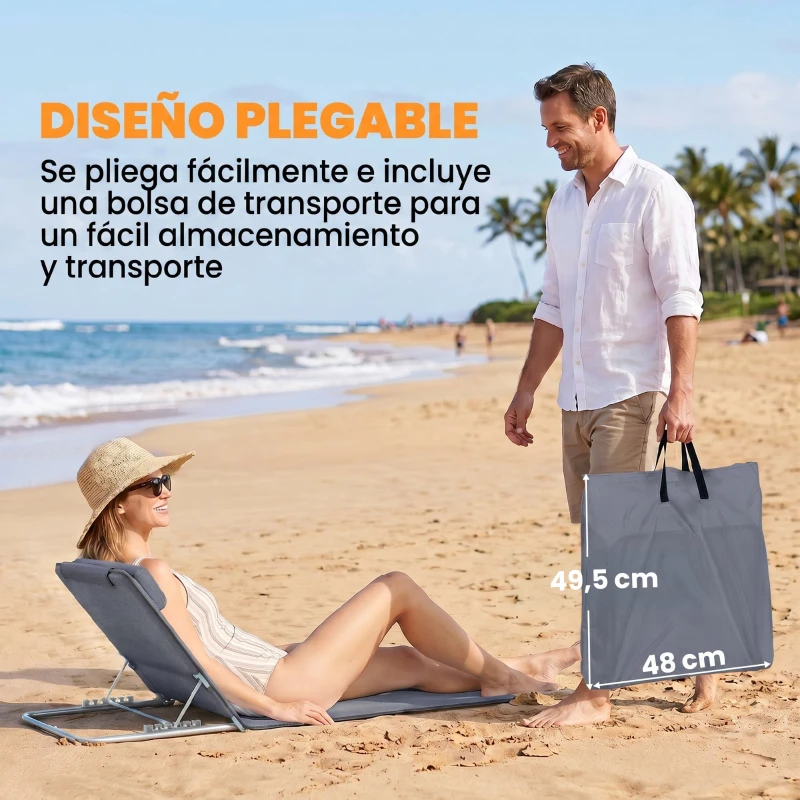 Outsunny Conjunto de 2 Esterillas con Respaldo Reclinable Reposacabezas y Bolsa de Transporte 134x48x33-43 cm Gris