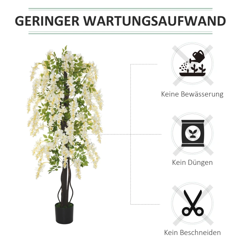 Outsunny kunstplant met witte blauweregen decoratie 1,65 m kunstboom boomdecoratie kunststof cement wit + groen 24 x 24 x 165 cm