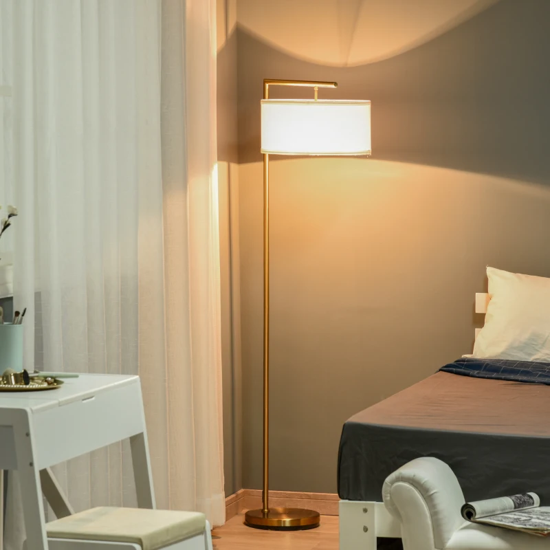 HOMCOM Lampada da Terra Moderna in Metallo e Paralume in Tessuto, Lampada da Lettura E27 47x37x153cm, Oro e Bianco