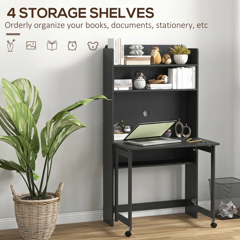 HOMCOM Foldable Desktop, Computer Desk with Storage Shelves, 80 x 69 x 155 cm, Black