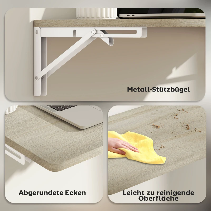 HOMCOM Wandklaptafel, 60x40 cm Klaptafel, Ruimtebesparend Zwevend Bureau met afgeronde hoeken, voor Homeoffice, Woonkamer, Slaapkamer, Keuken, Eiken