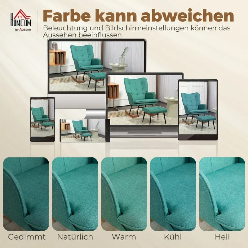 HOMCOM Schaukelstuhl mit Fußhocker, breite Sitzfläche, hohe Rückenlehne, Leinenimitat, Mintgrün